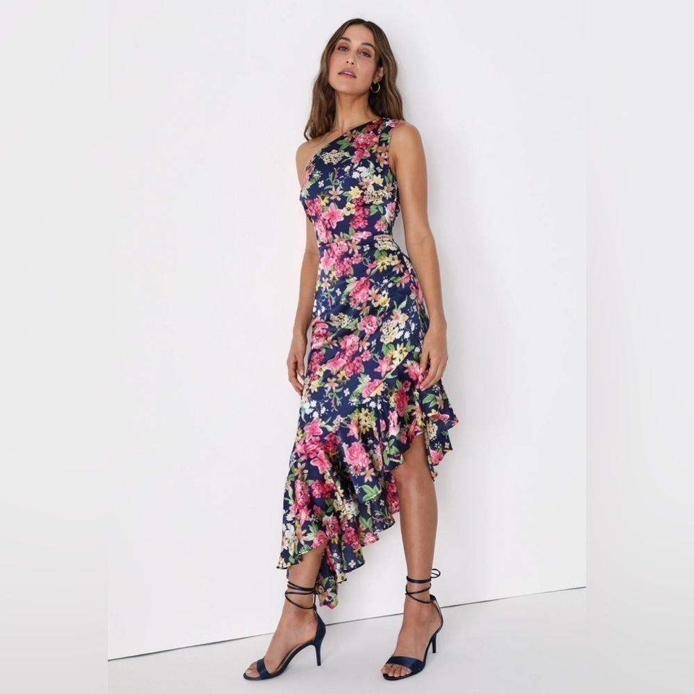 Lulus New Divinely Blooming Blue Multi Floral One-Shoulder Midi Dress Women’s XS